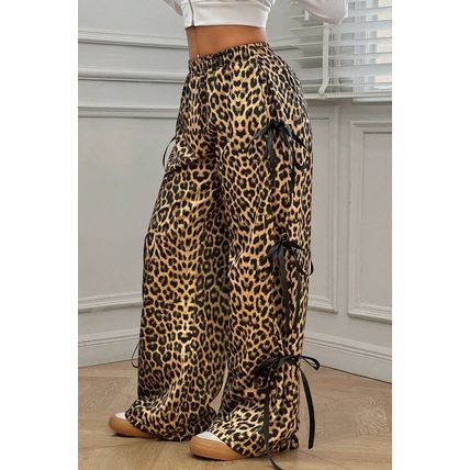 Brown Leopard Print Bow Tie Drawstring Elastic Waist Loose High Waist Pants