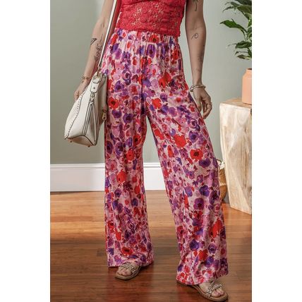 Purple Floral Wide Leg Elastic High Waist Pants