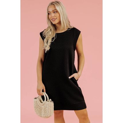 Black Textured Cap Sleeve T-shirt Shift Mini Dress