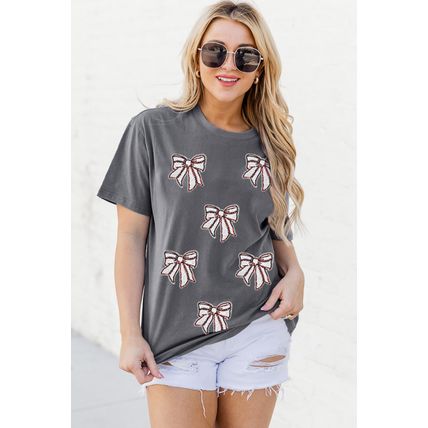 Gray Sequin Bow Baseball Fashion Graphic Tee