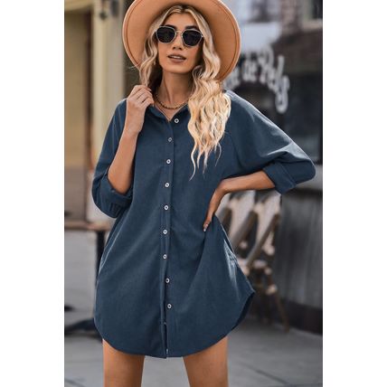 Blue Corduroy Shirt Style Full Button Long Sleeve Shift Mini Dress
