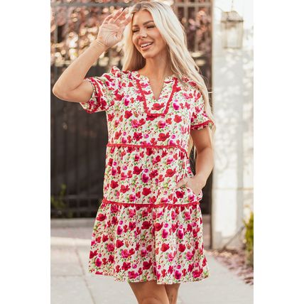 Red Floral Puff Sleeve Tiered Ric Rac Pocketed Mini Dress