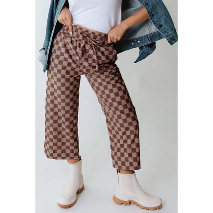Khaki Checkered Elastic High Waist Loose Casual Pants
