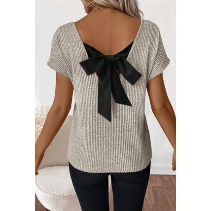 Gray Morn Ribbed Short Sleeve V Neck Colorblock Bow Back Top