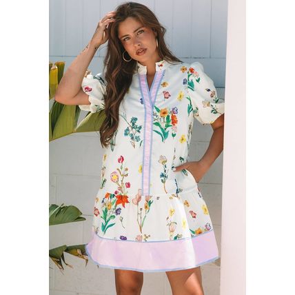 White Floral Print Contrast Striped Patchwork Short Puff Sleeve Dress