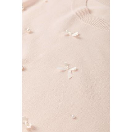 Oatmeal Pearl Bow Embellished Dolman Short Sleeve Sweater