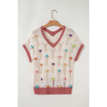 Delicacy Embroidered Flowers Colorblock Edge Hollowed Sweater