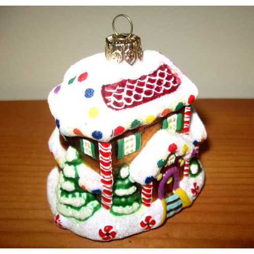 Glass Christmas Ornament: SWEET HOME Glittery Snow Covered Gingerbread House