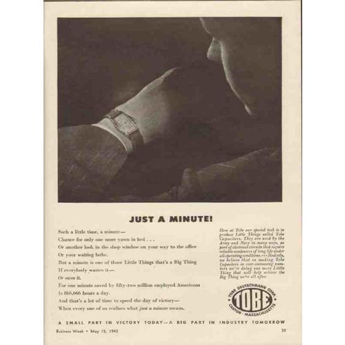TOBE DEUTSCHMANN CORP 1943 Just minute electronic capacitor vintage ad