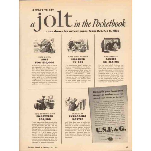 UNITED STATES FIDELITY GUARANTY CO 1943 Jolt in pocketbook vintage ad