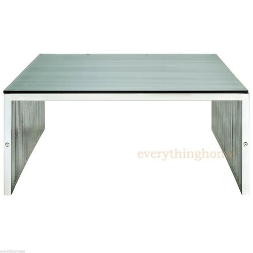 Stainless Steel Ribbed Beam Slotted Tubular Slat Grid Coffee Table Glass Top