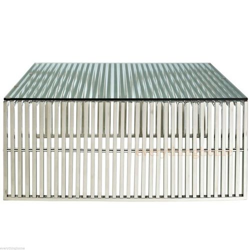 Stainless Steel Ribbed Beam Slotted Tubular Slat Grid Coffee Table Glass Top