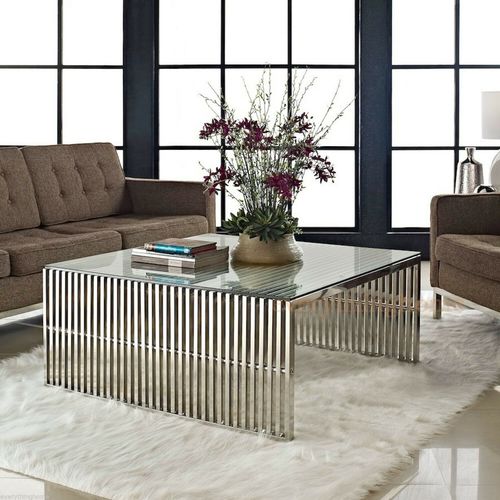 Stainless Steel Ribbed Beam Slotted Tubular Slat Grid Coffee Table Glass Top