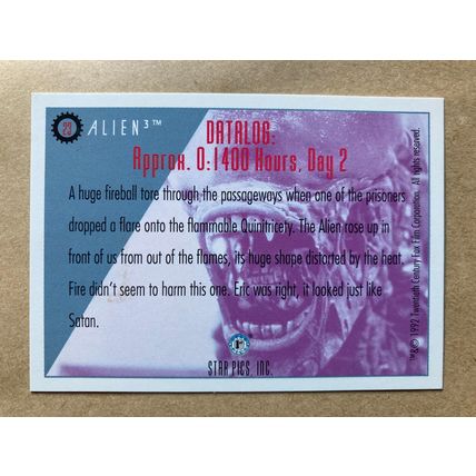 Alien3 Base trading card # 23 Alien in Fire (A) 1992 Star Pics, Dark Horse