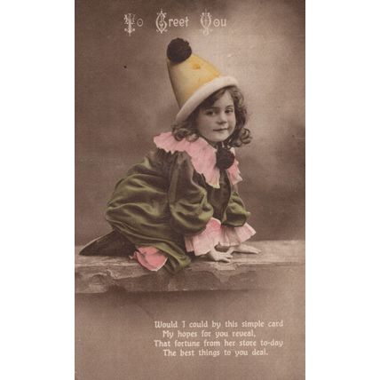 Child Dressed As Circus Clown Antique Greetings Postcard