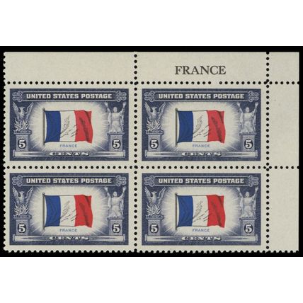 915b, 5¢ MNH Partial Reverse Printing of Flag Colors Name Block - Stuart Katz