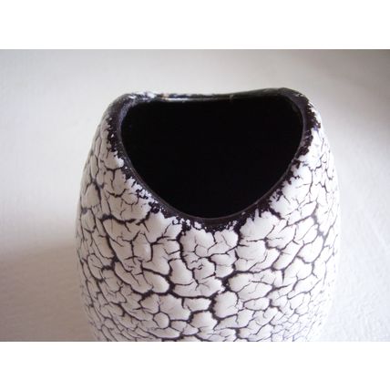 Vintage Jasba Vase Cortina Glaze Fish-mouth Rim Black White Fat Lava 50s Germany