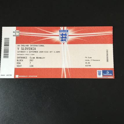 England v Slovenia Friendly Football Wembley 5/9/09 FA CLUB Ticket LEVEL 2 VGC
