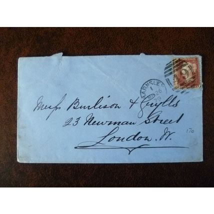 1879 GB QV 1d Red stamp plate no 170 IJ cover Barnsley Burlison & Grylls glass