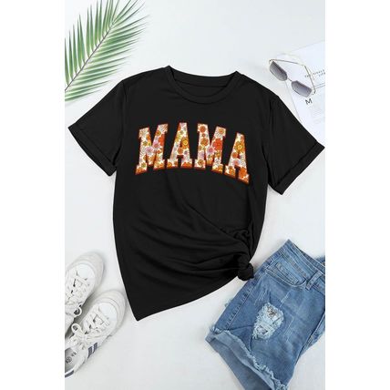 Black Flower Printed MAMA Letter Graphic T-shirt