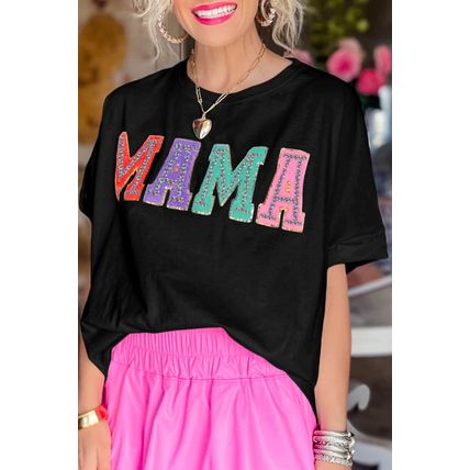 Black MAMA Chenille Patched Crew Neck T Shirt