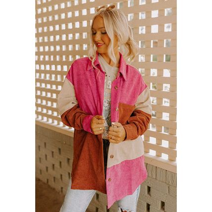 Rose Red Colorblock Curved Hem Corduroy Shacket with Pocket