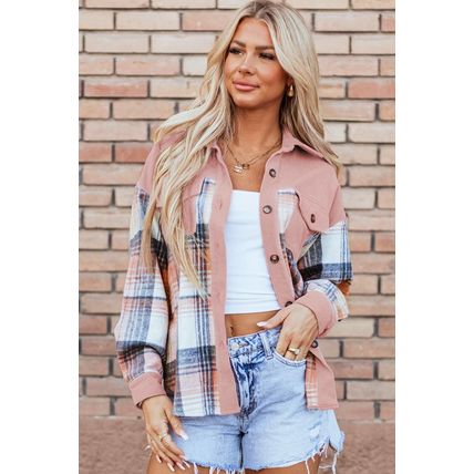 Light Pink Plaid Corduroy Patchwork Chest Pocket Shacket