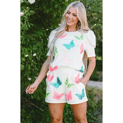 White Colorful Sequin Butterfly Puff Sleeve Top Shorts Set