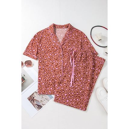 Brown Leopard Print Short Sleeve Shirt and Pants Pajamas Set