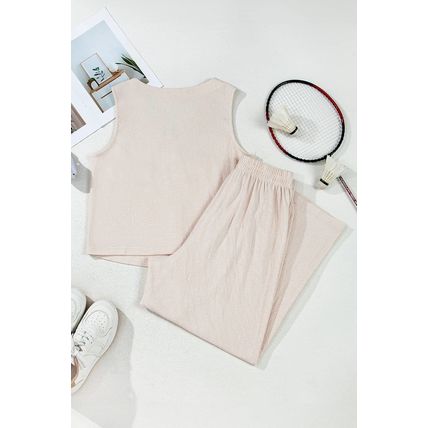 Apricot Buttoned V Neck Tank Top and Wide Leg Pants Casual Outfit