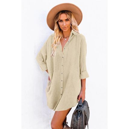 Beige Corduroy Shirt Style Full Button Long Sleeve Shift Mini Dress
