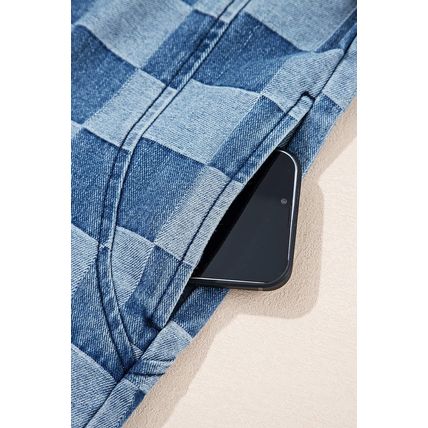 Sky Blue Checkerboard Zipped Neck Kangaroo Pocket Denim Hoodie