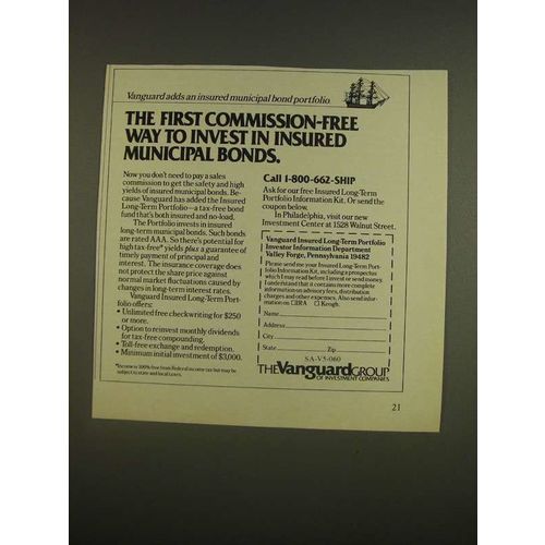 1985 Vanguard IRA Ad - commission-free way to invest in insured municipal bonds