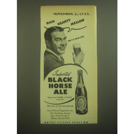 1945 Black Horse Ale Ad - Rich Hearty Mellow Try it and See