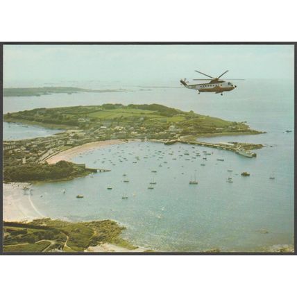 British Airways Helicopter over Hugh Town, Isles of Scilly, c.1980s - Postcard