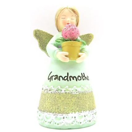 Grandmother Angel Figurine Wearing a Green Dress Holding a Pink Pot Plant Gift