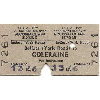 U.T.A. Edmondson Ticket - Belfast York Road to Coleraine via Ballymena