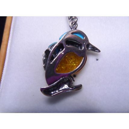 Amber and Turquoise 925 Silver Kingfisher Pendant