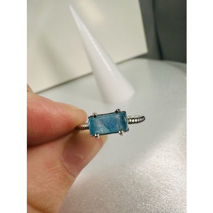 Ring Bomb Party Sz6 RBP Square Light Blue Gem & Designed Rhodium Pl Band
