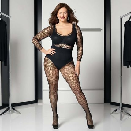 Plus Size Black Fishnet Bodystocking Long Sleeve Open Crotch Lingerie Bodysuit