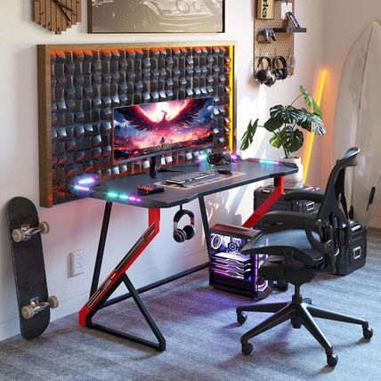 TIQLAB Gaming Desk with LED Lights, 40 Inch Computer Desk Z Shaped Gamer Worksta