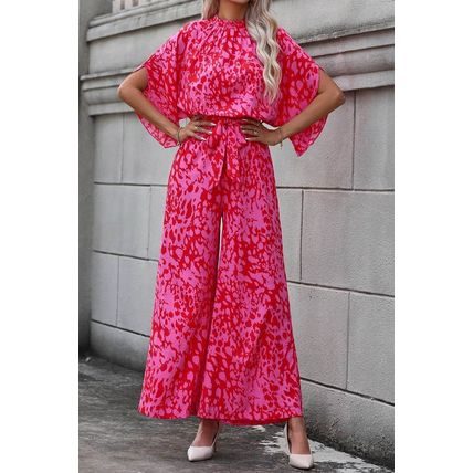 Rose Leopard Loose Sleeve Belted Wide Leg Jumpsuit
