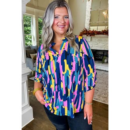 Blue Plus Size Brushstroke Print 3/4 Sleeve Blouse