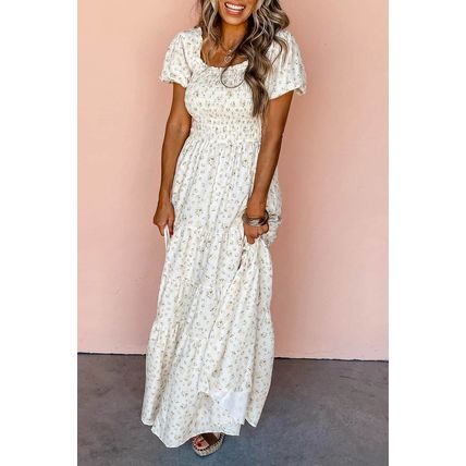 White Frilly Shirred Bodice Tiered Floral Maxi Dress