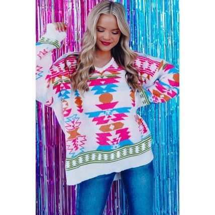 White Oversize Aztec Print High Low V Neck Sweater