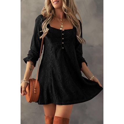 Black Lace Crochet Buttoned Square Neck Shift Mini Dress