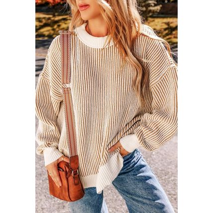 Chestnut Striped Textured Knit Contrast Edge Loose Sweater