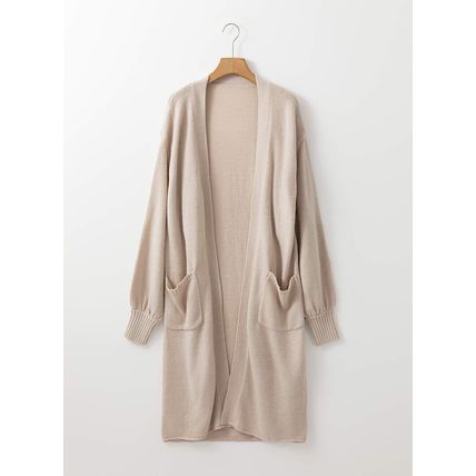 Beige Side Pockets Open Front Long Knitted Cardigan