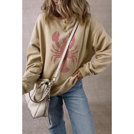 Parchment Rhinestone Crawfish Graphic Crewneck Oversized Sweatshirt