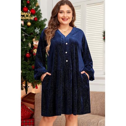 Navy Blue Plus Size Textured Velvet Tiered Button V Neck Dress